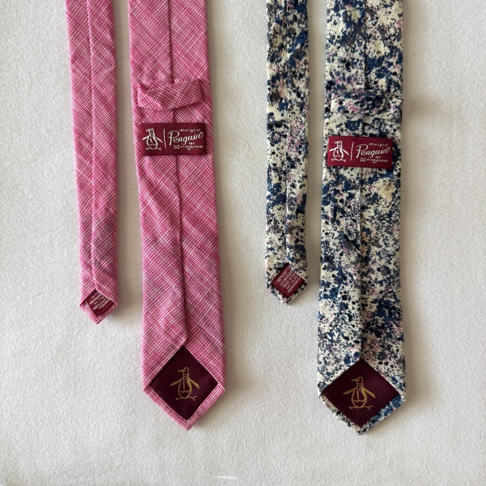 Original Penguin by Munsingwear 2Pc Lot Men Skinny Tie 100% Cotton Pink Abstract